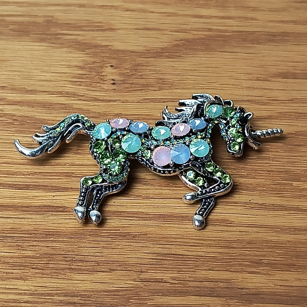 Vintage Style Rhinestone Unicorn Brooch